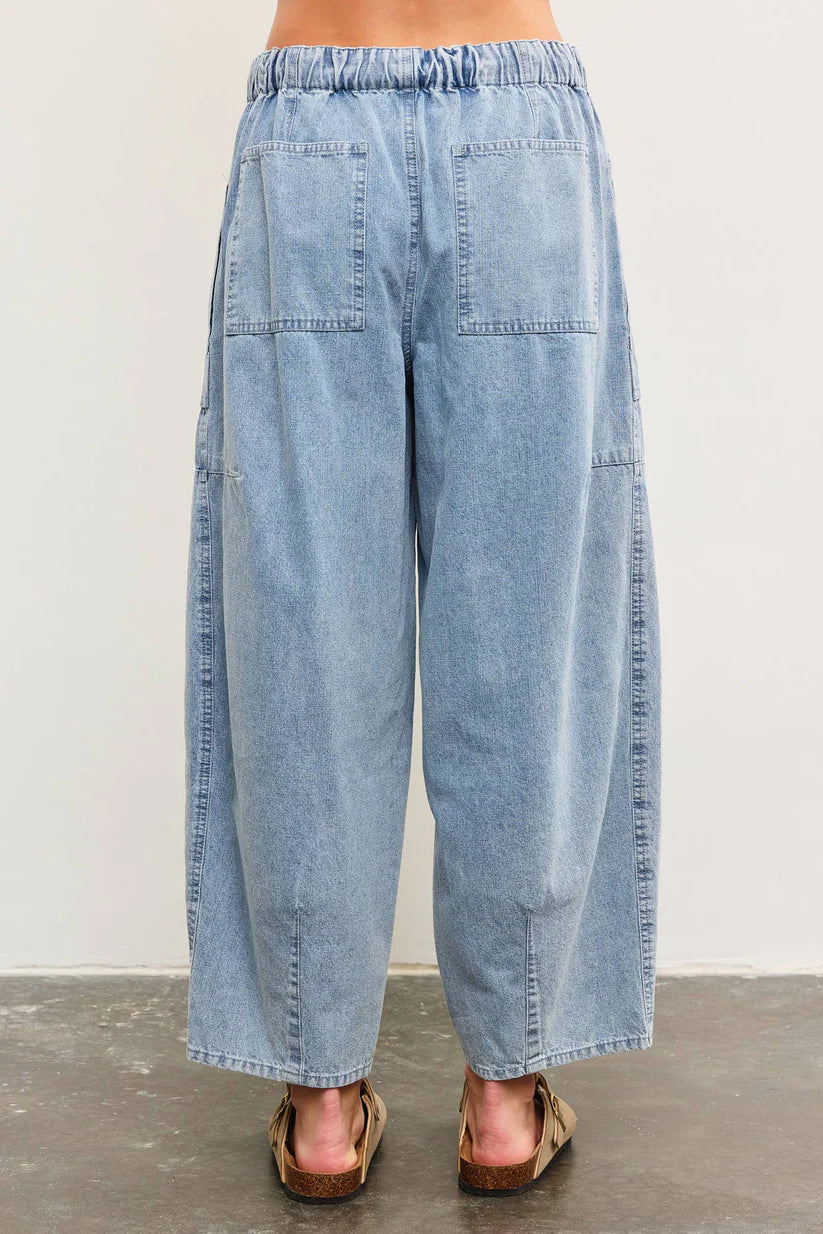 Tied Front Side Seam Detail Banded Back Denim Balloon Pants DS0768