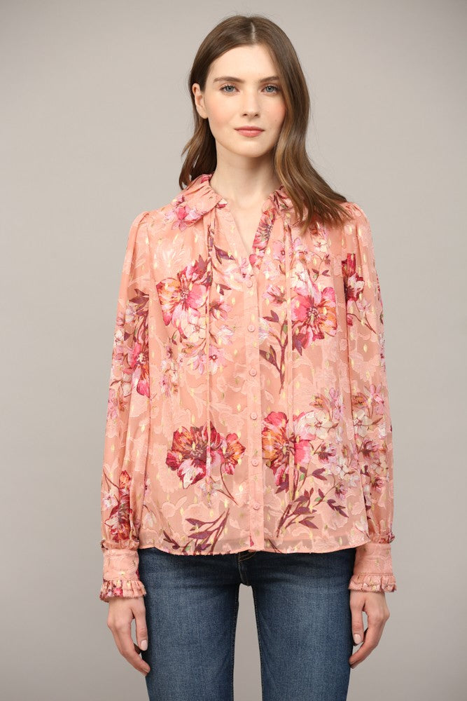 Foiled Floral Print Chiffon Ruffle Neck Blouse FT24068