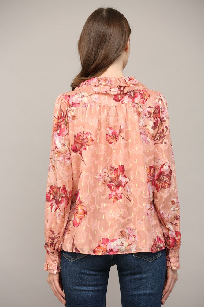 Foiled Floral Print Chiffon Ruffle Neck Blouse FT24068