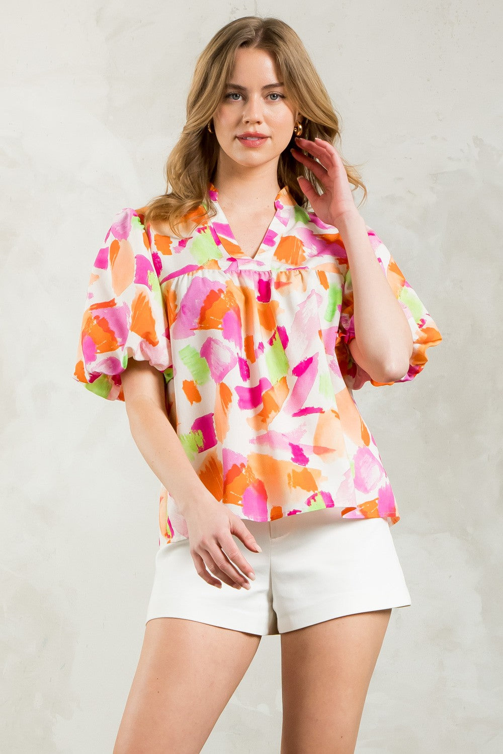 Puff Sleeve Multi Color Print Top FTM2359-7