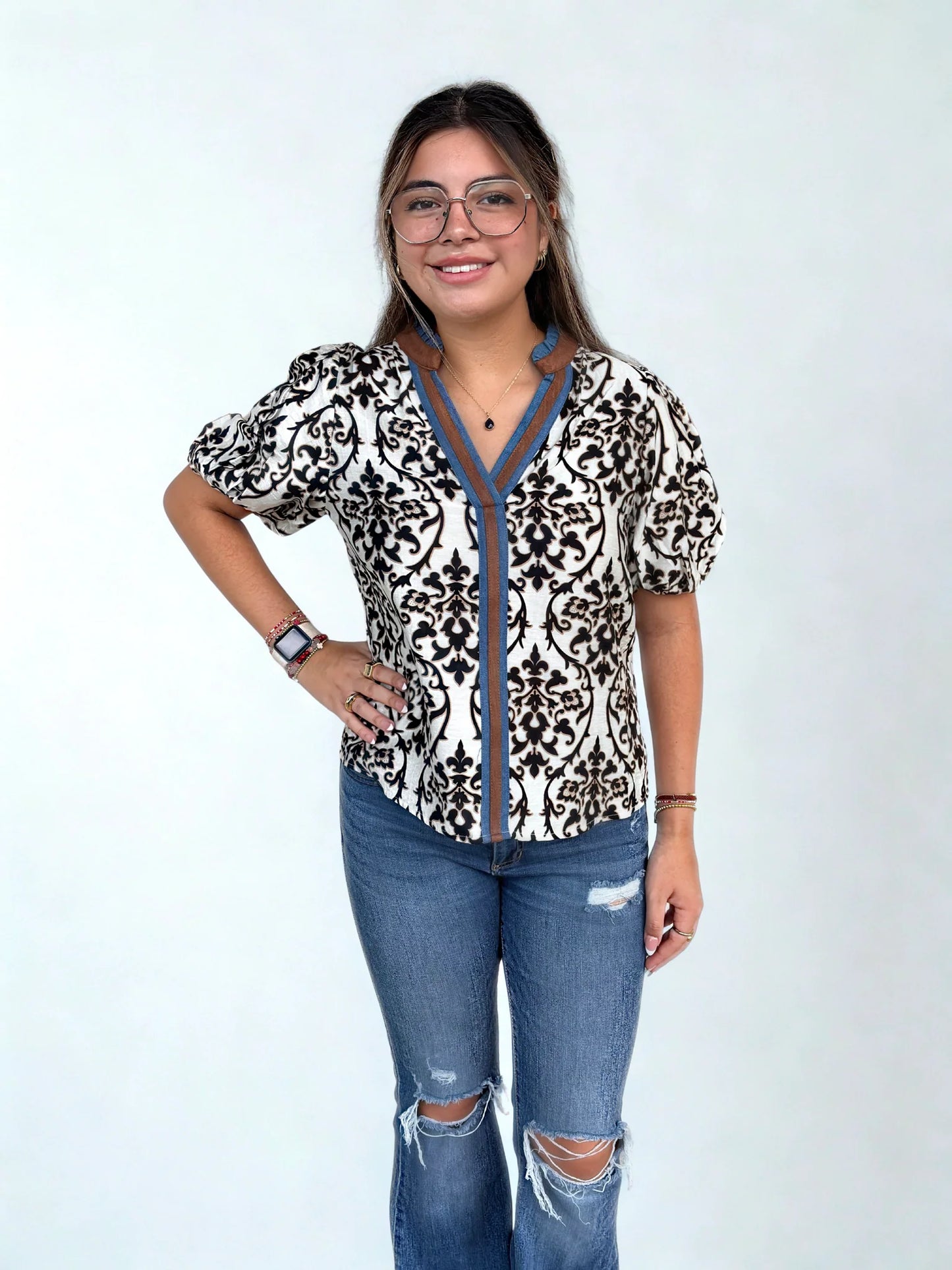 Print Bubble Sleeve Top FTM3301