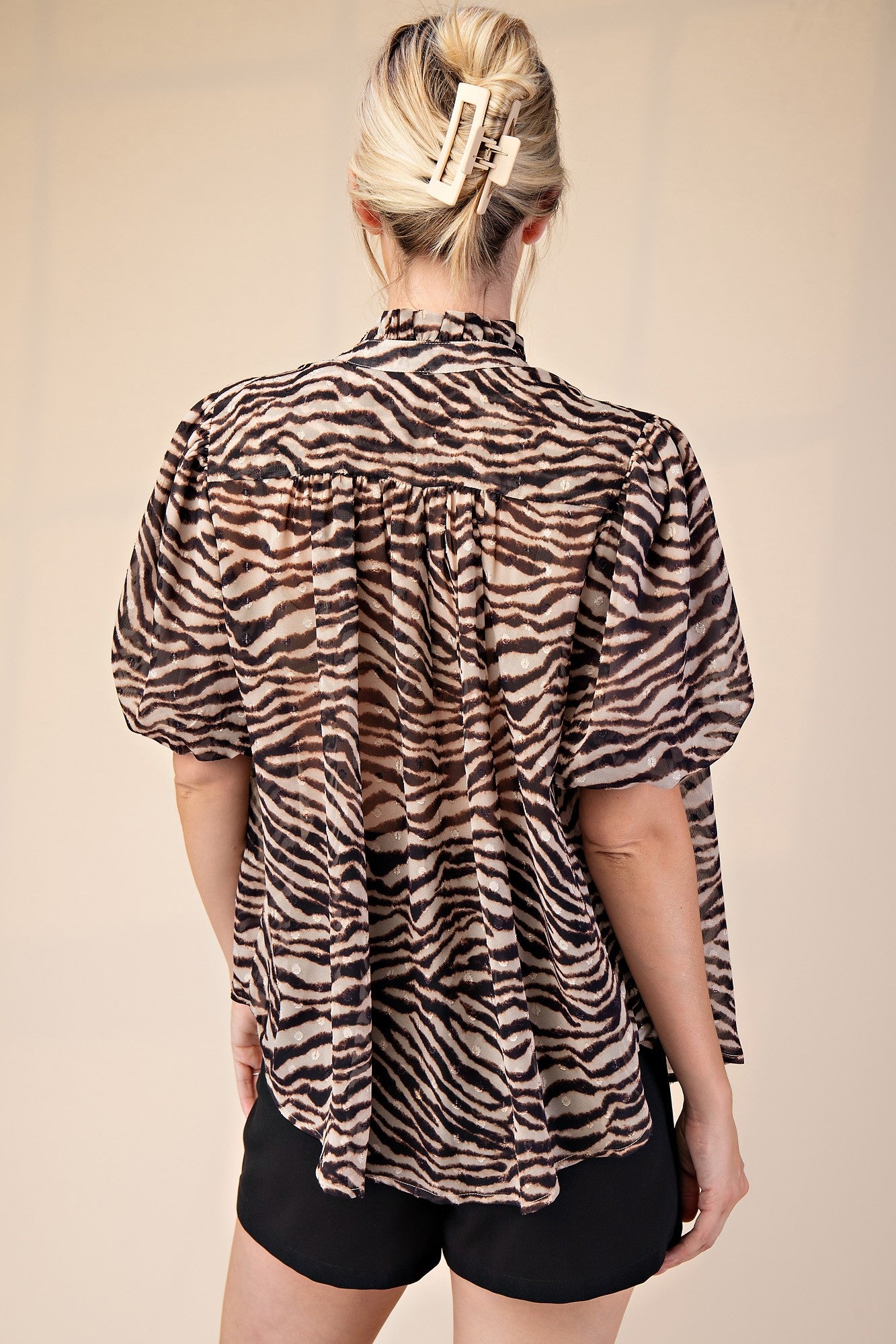 Button Front Balloon-Sleeve Top GT7072
