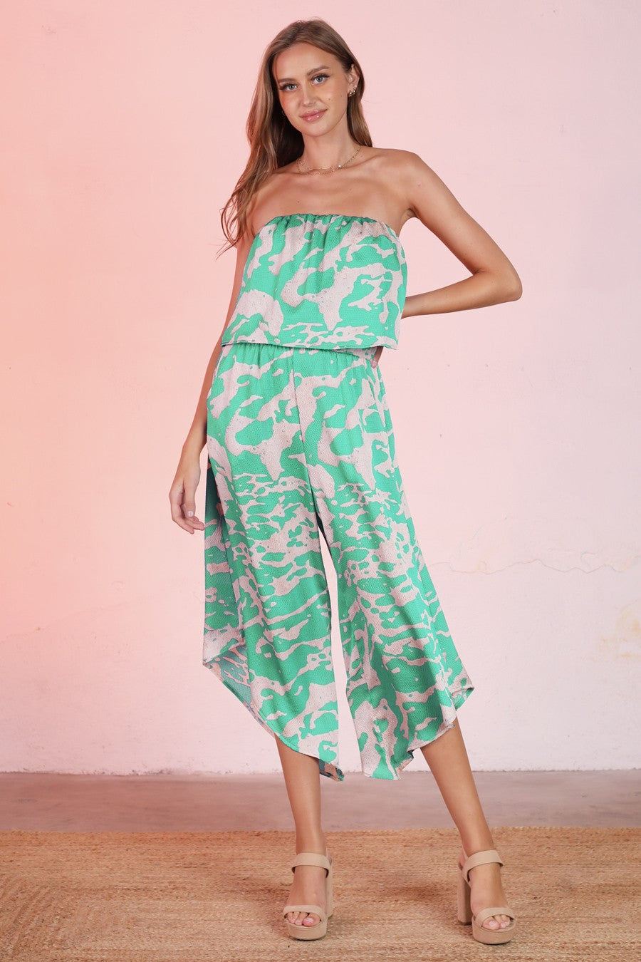 Ocean Wave Slanted Hem Strapless Jumpsuit JP-8768