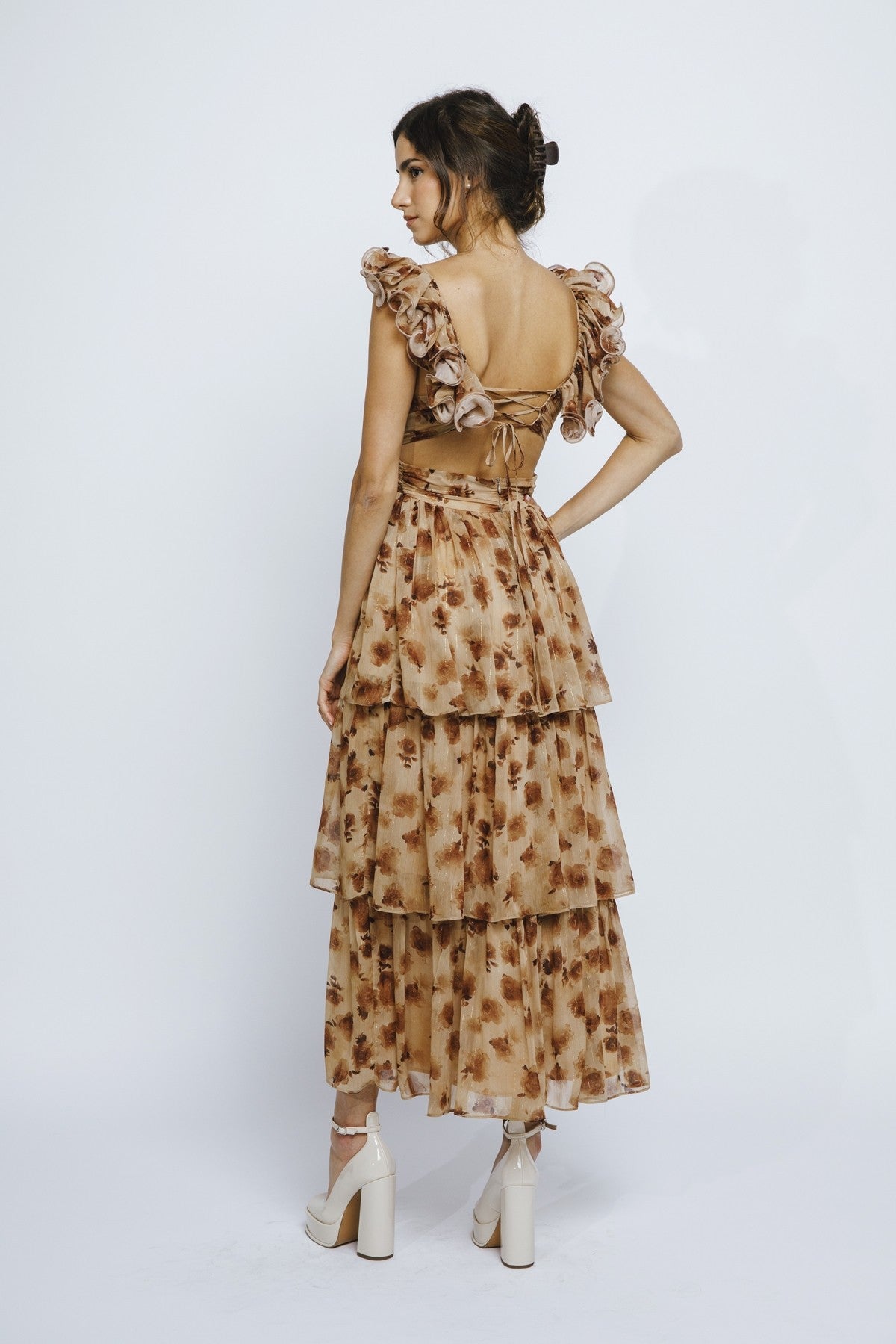 Brown Rose And Lurex Stripes Ruffled Maxi Dress LD2283-6