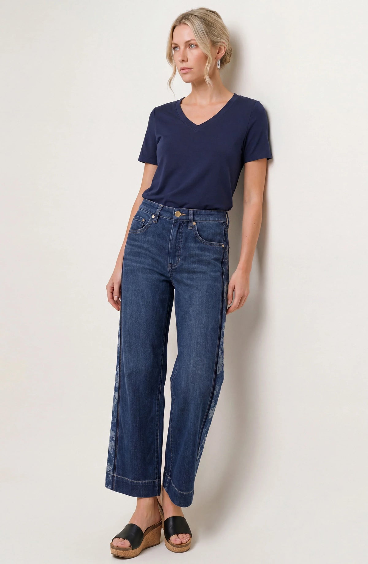 Stride Wide Leg Jean with Jacquard Blocking - Indigo Gardens