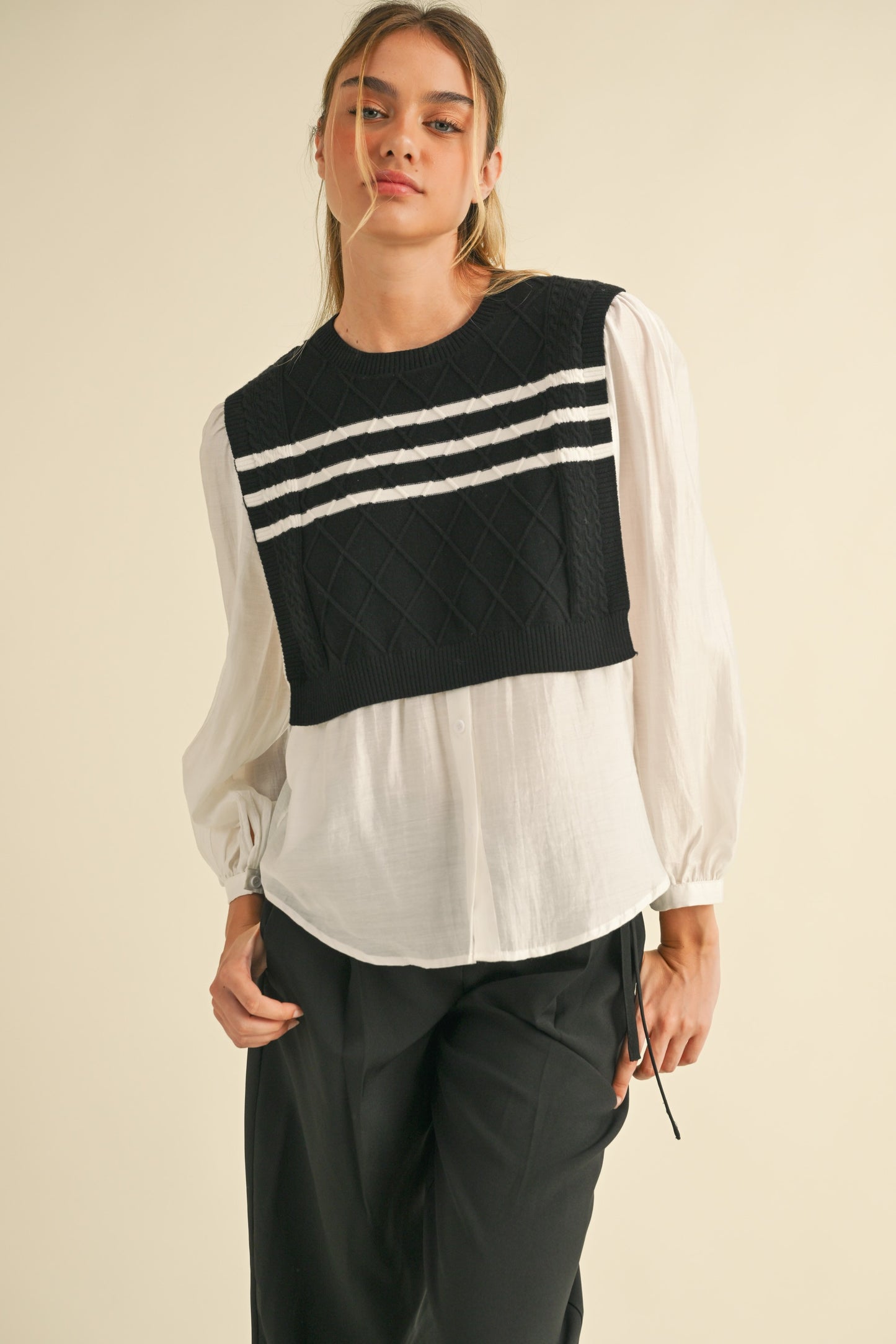 Layered Knit Vest Over Blouse LT1088