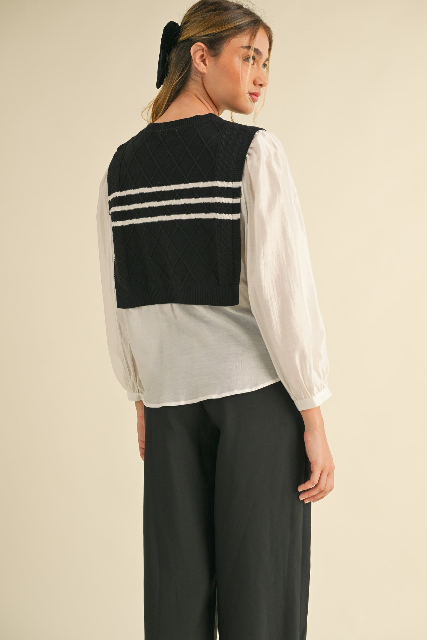 Layered Knit Vest Over Blouse LT1088