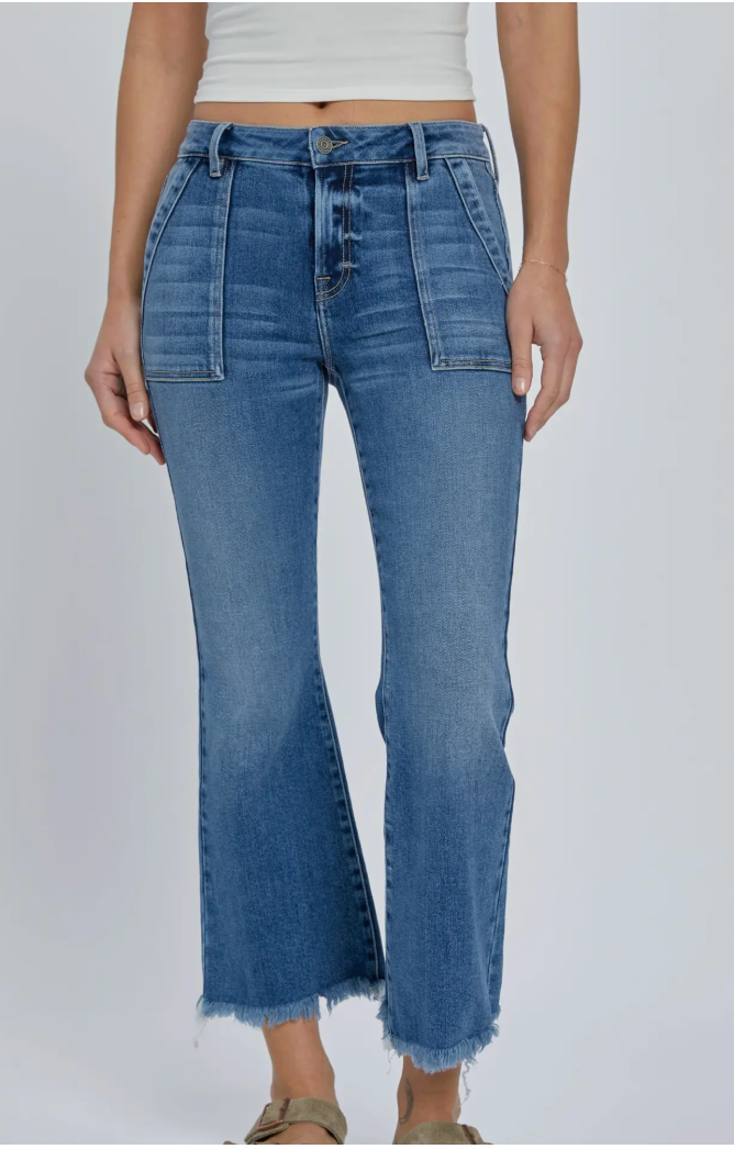 Medium Wash Frayed Hem Cargo Crop Flare HD3194C-MD