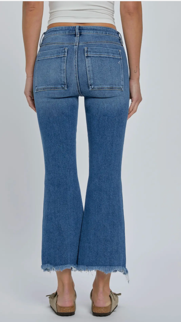 Medium Wash Frayed Hem Cargo Crop Flare HD3194C-MD
