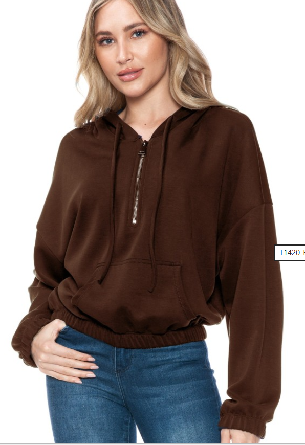 Cropped Hoodie With Zipper In Scuba T1420-K490