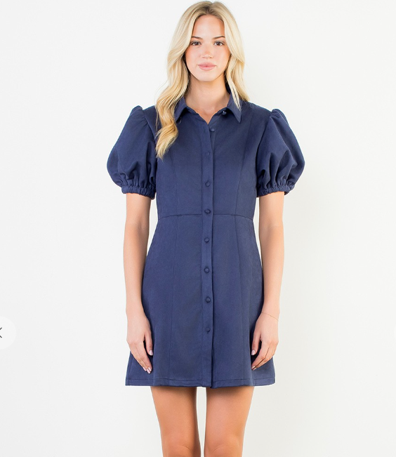 Puff Sleeve Button Up Suede Dress THB1057