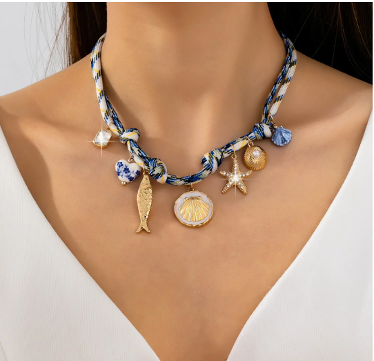 Rope Charm Necklace-Starfish Seashell Cloisonne | 80N92968