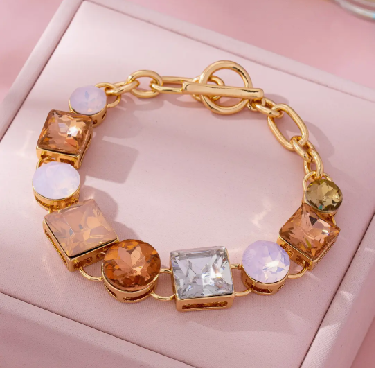 Pastel Multi-Crystal Gold Link Toggle Bracelet | 80B1585