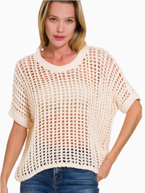 Fish Net Short Sleeve Crochet Sweater Z1B-TW-2406A5