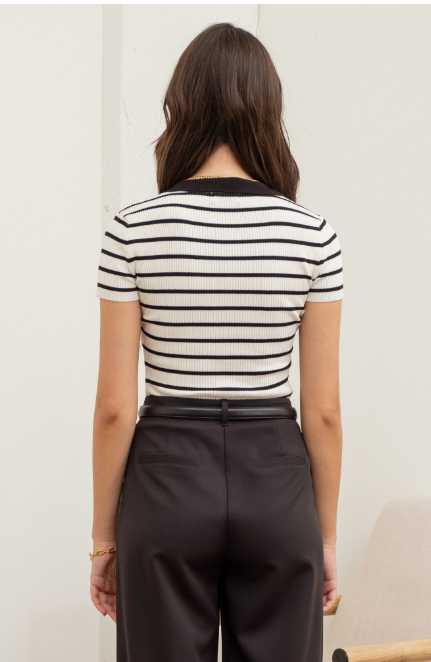 Stripe Collared Short Sleeve Sweater Knit Top TW1198