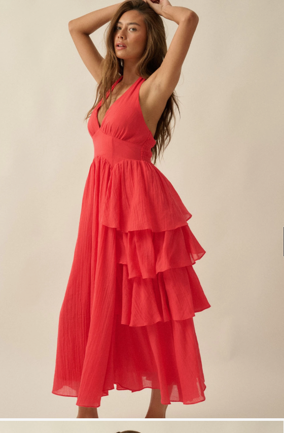 Tiered Ruffle Open-Back Halter Maxi FDB0223