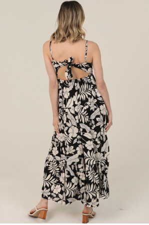 V Neck Open Tie Back Printed Maxi Dress F4F72-A920