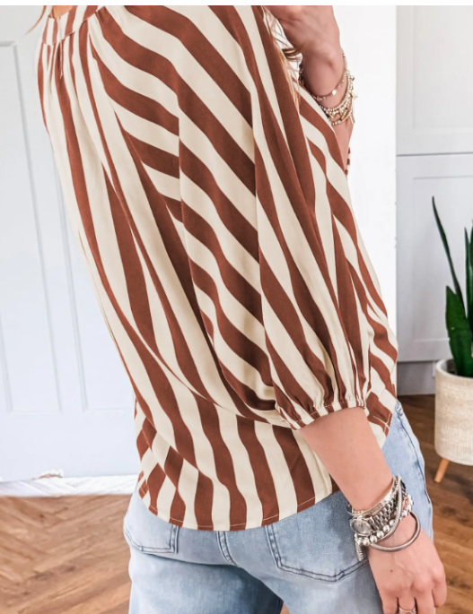 Brown Stripe V Neck Blouse LC25138005-P1719-S