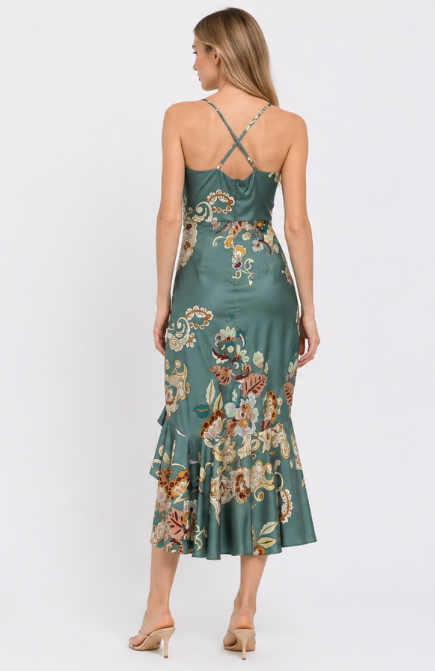Cowl Neck Tie Front Waisted Midi Dress DA32692X