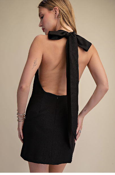 Halter Neck Open Back Bow Mini Dress D9093