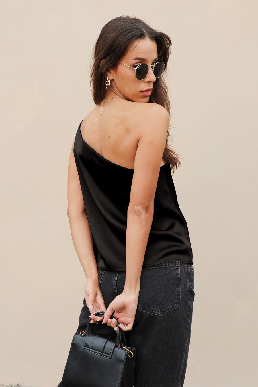 Shiny Hammered Satin One Shoulder Top T-7466