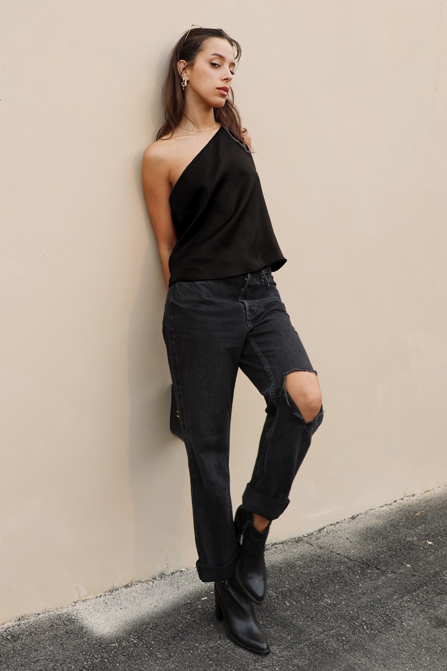 Shiny Hammered Satin One Shoulder Top T-7466