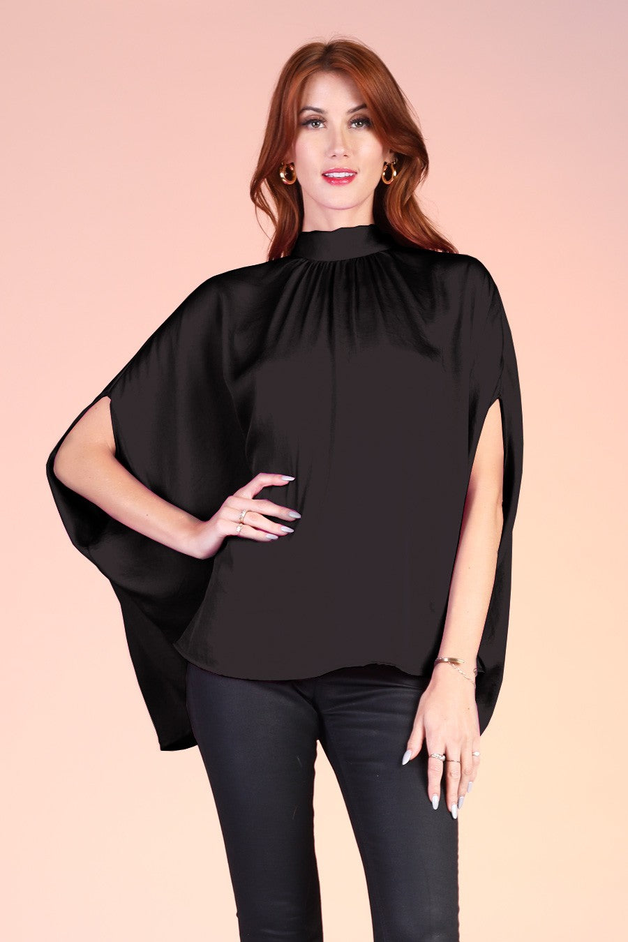 Washed Poly Silk Mock Neck Caftan Tunic Top T-8415