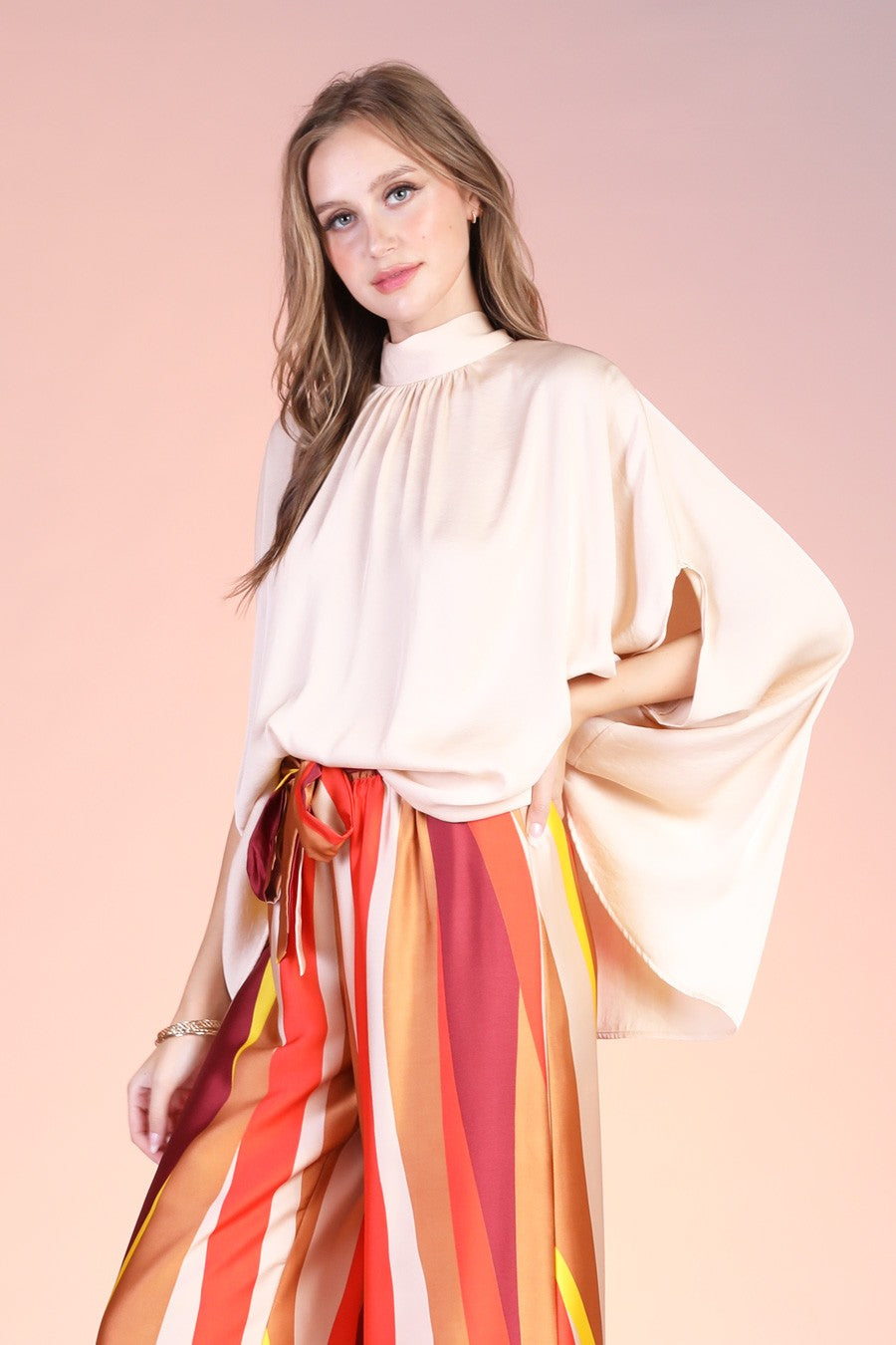 Washed Poly Silk Mock Neck Caftan Tunic Top T-8415