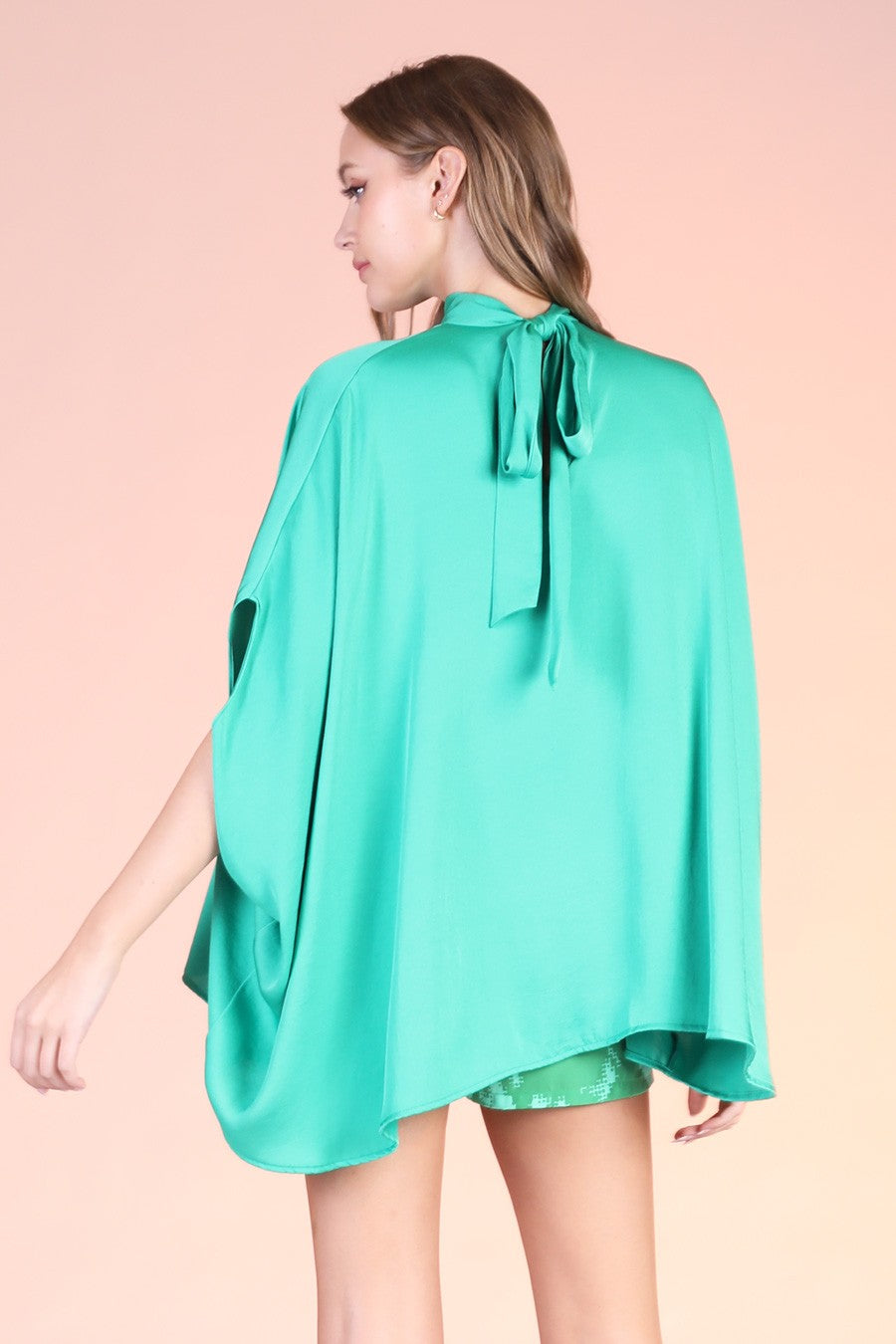 Washed Poly Silk Mock Neck Caftan Tunic Top T-8415