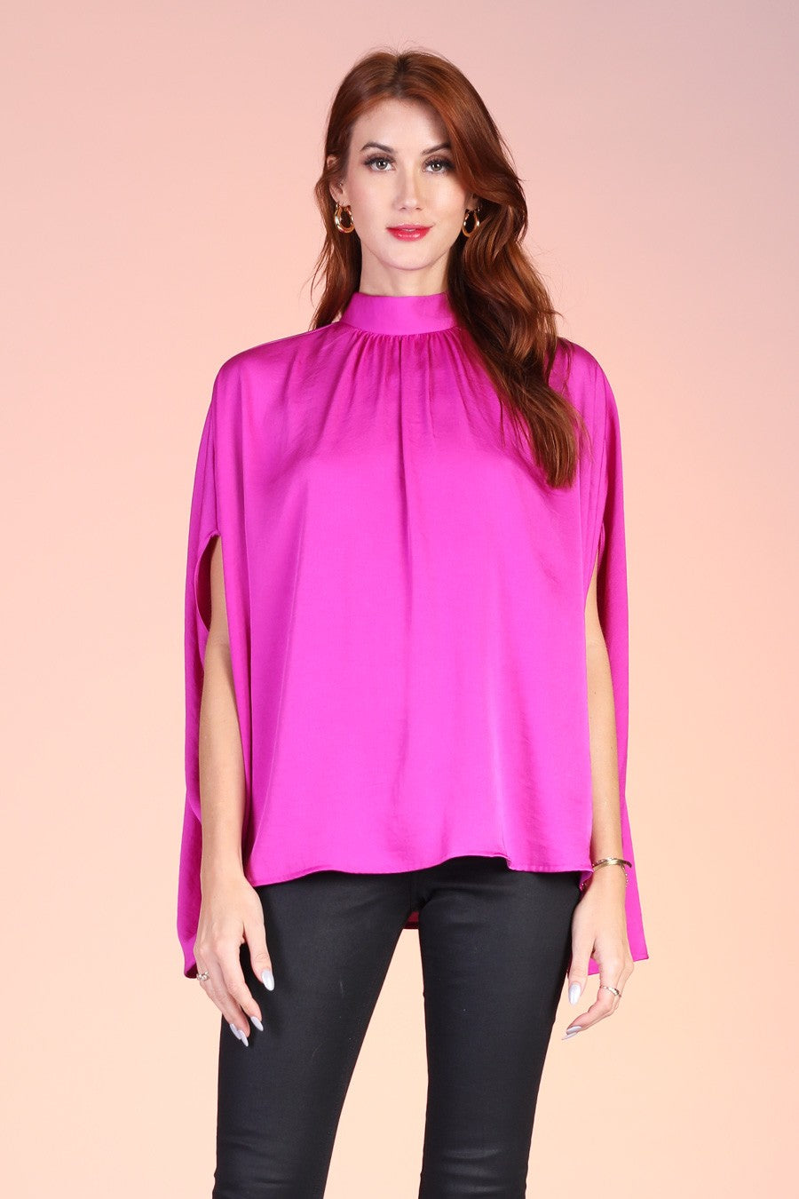 Washed Poly Silk Mock Neck Caftan Tunic Top T-8415