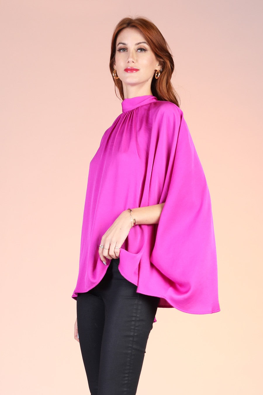 Washed Poly Silk Mock Neck Caftan Tunic Top T-8415