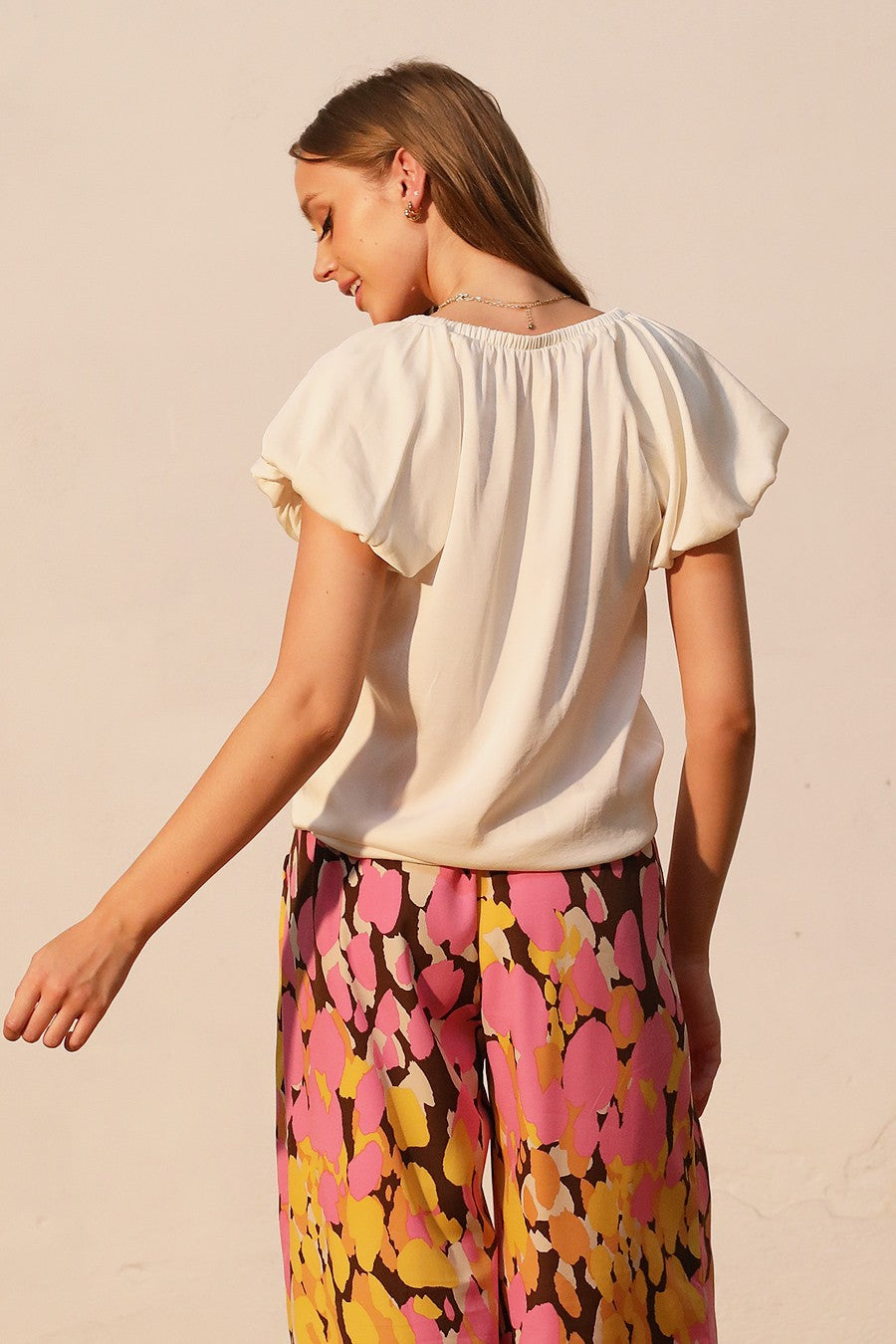 Washed Poly Silk Elastic Neckline Top T-8798