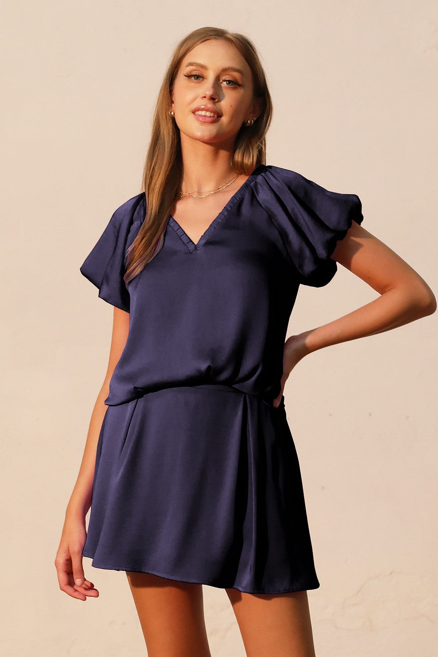 Washed Poly Silk Elastic Neckline Top T-8798