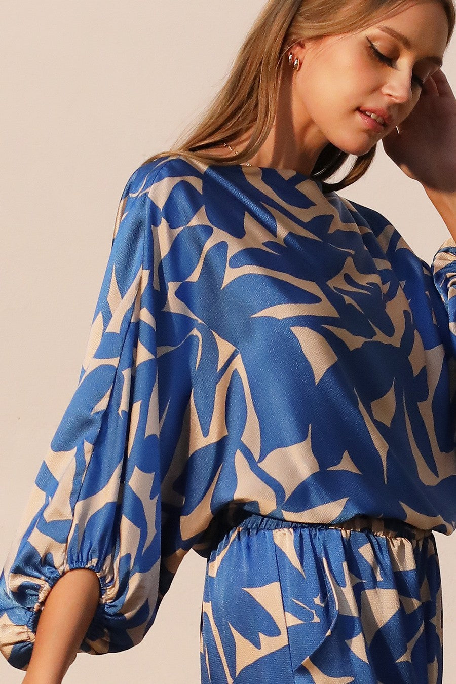 Paloma Satin Boat Neck Blouson Top T-8801