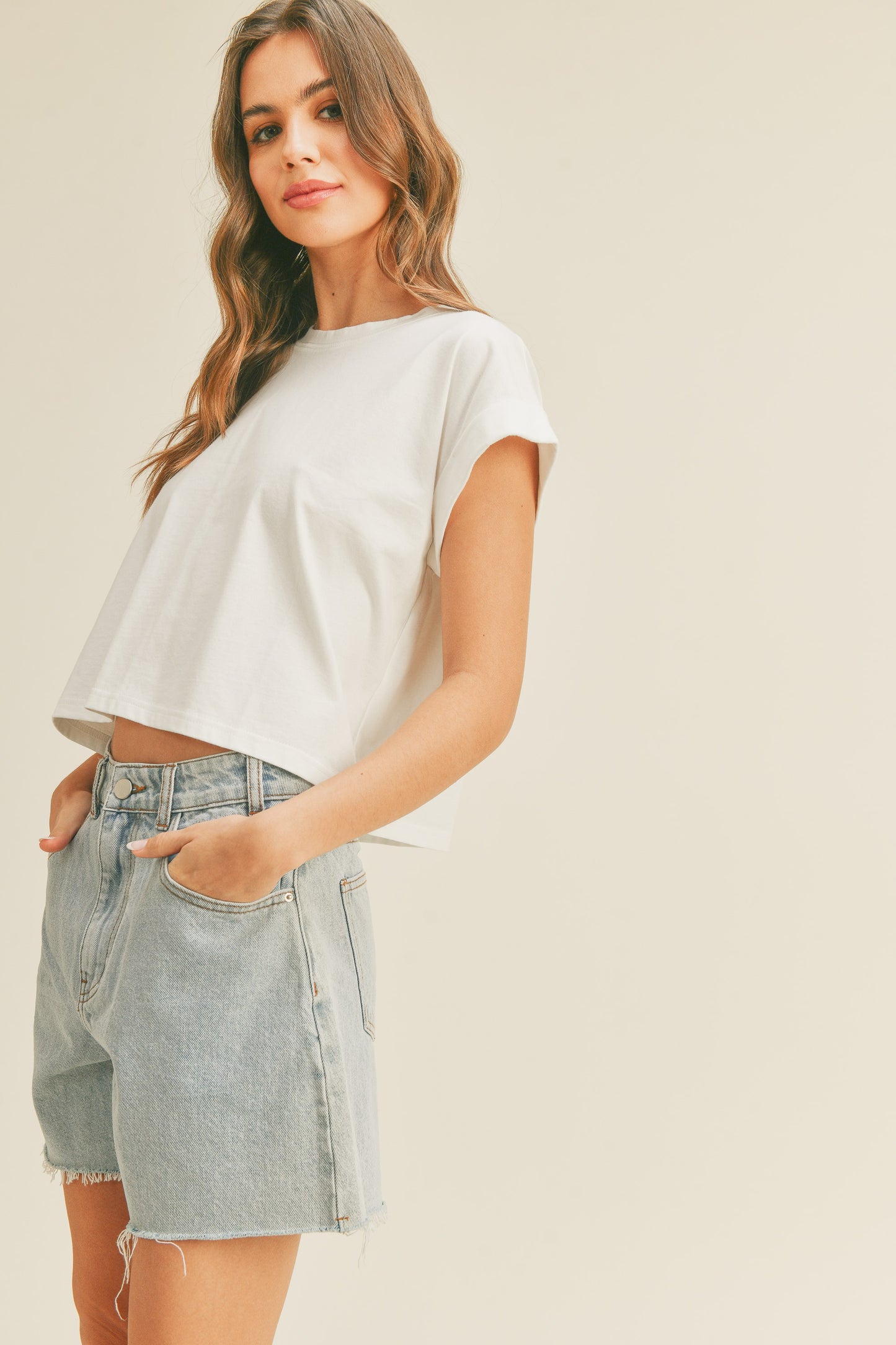 Round Neck Cuffed Sleeve Top T2263