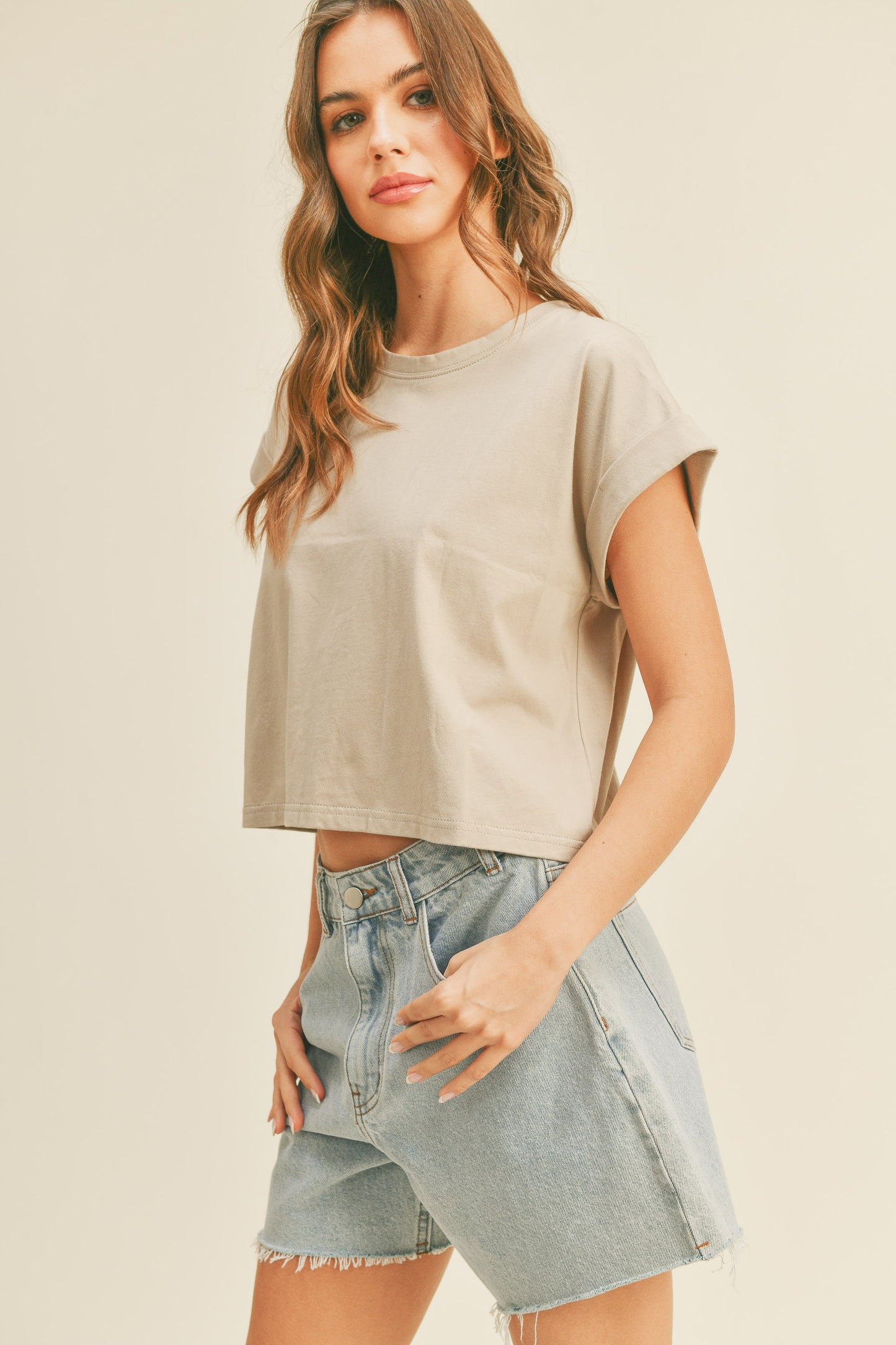 Round Neck Cuffed Sleeve Top T2263