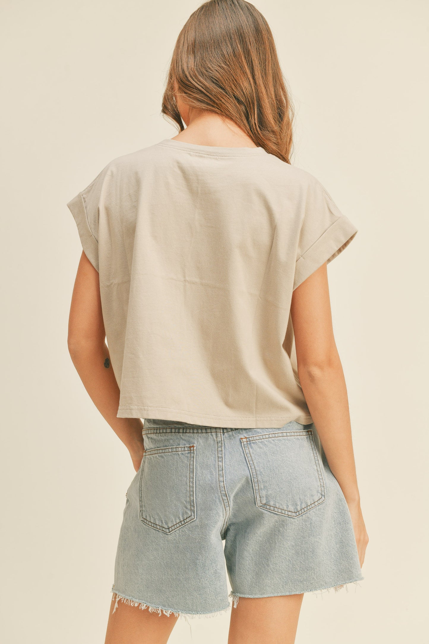 Round Neck Cuffed Sleeve Top T2263
