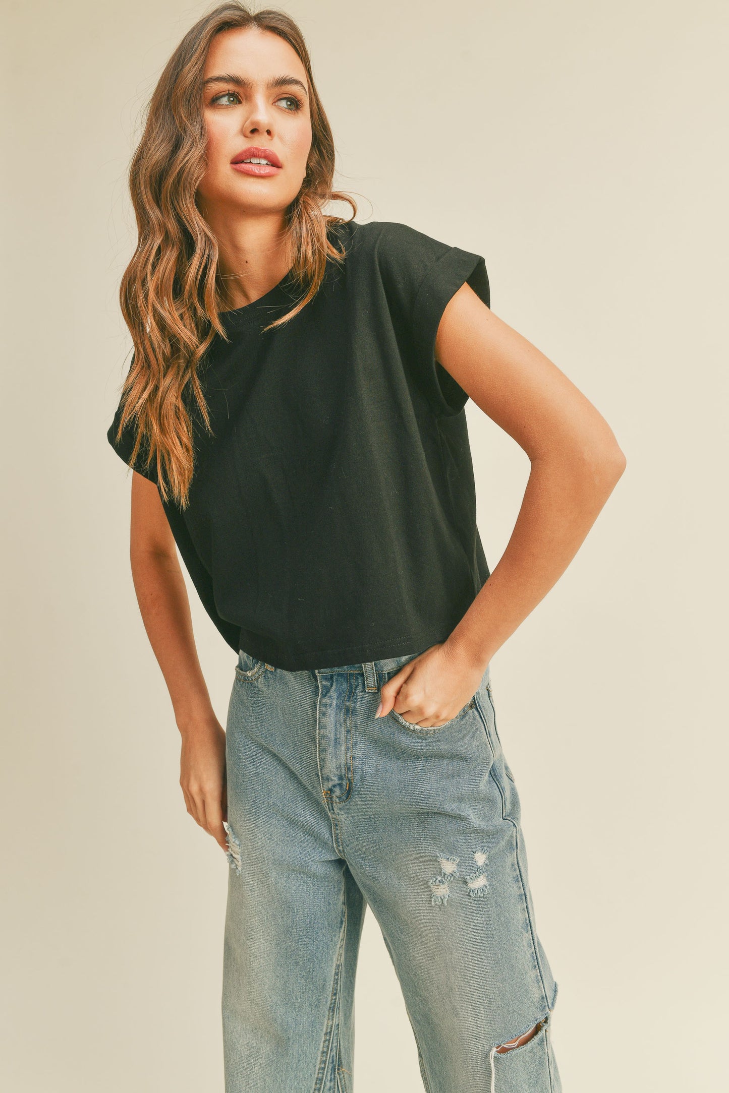 Round Neck Cuffed Sleeve Top T2263
