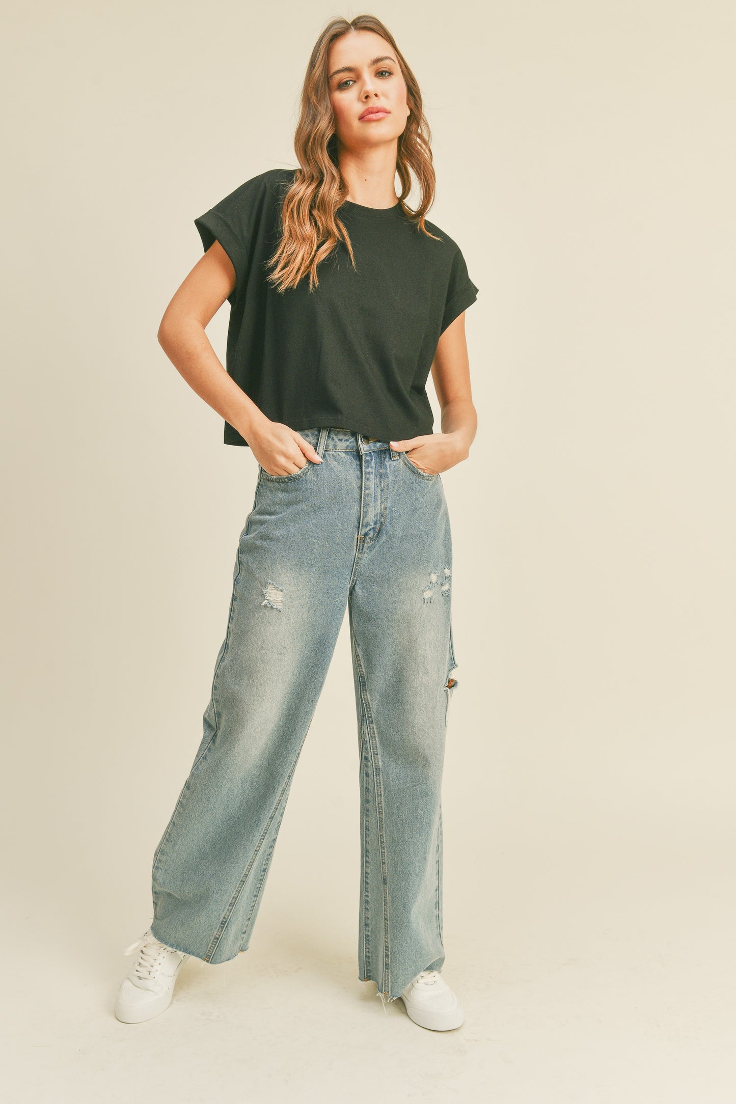 Round Neck Cuffed Sleeve Top T2263