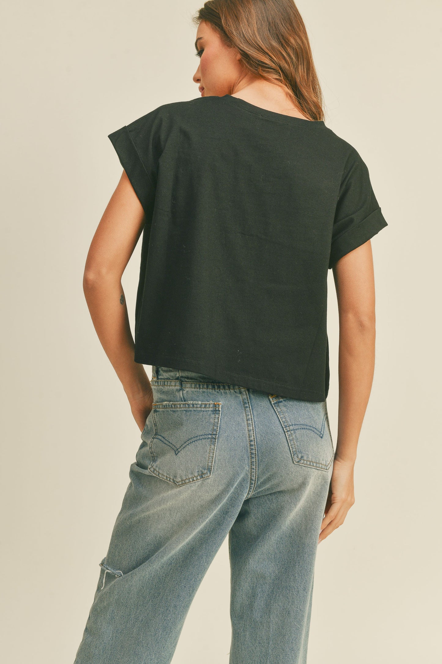 Round Neck Cuffed Sleeve Top T2263