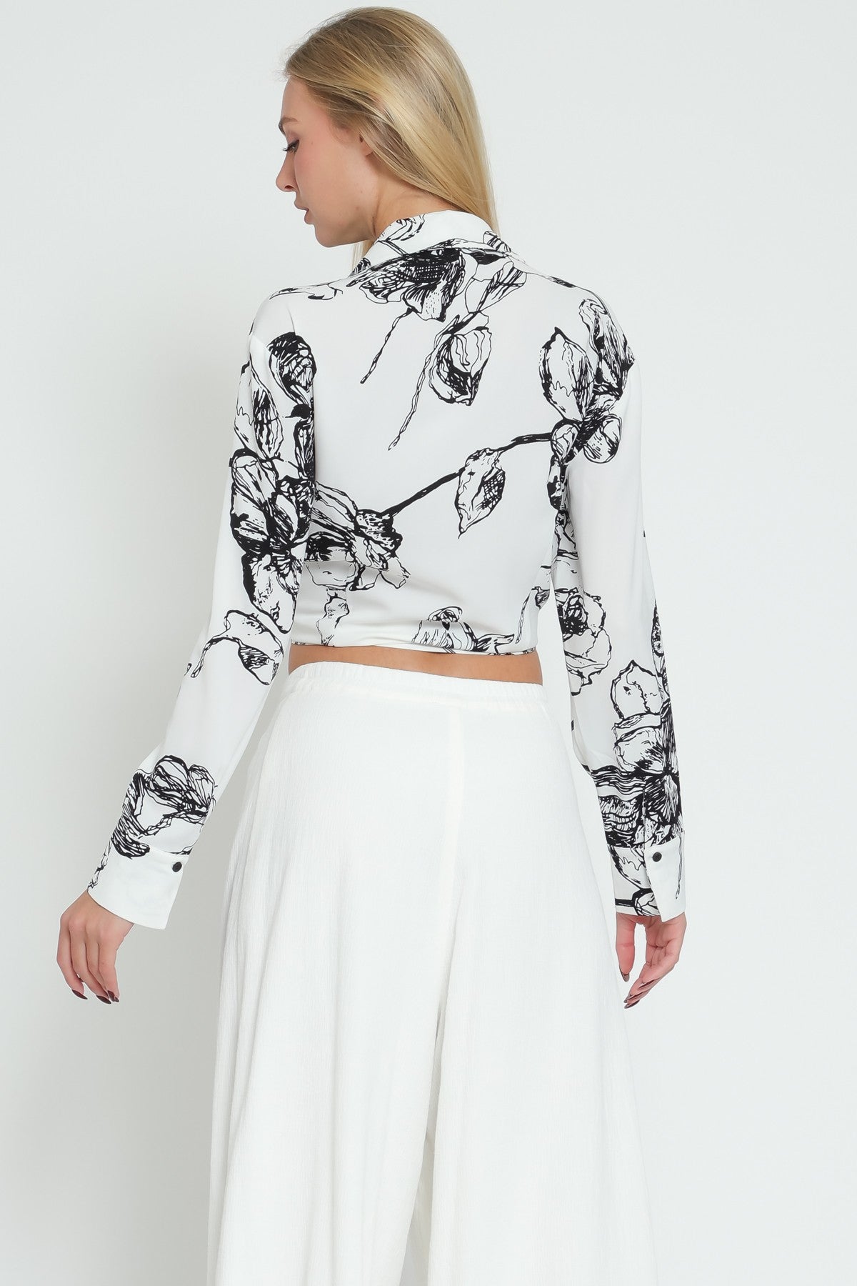 Long Sleeve Tie Front Waist Shirt Cropped Top TA12282D