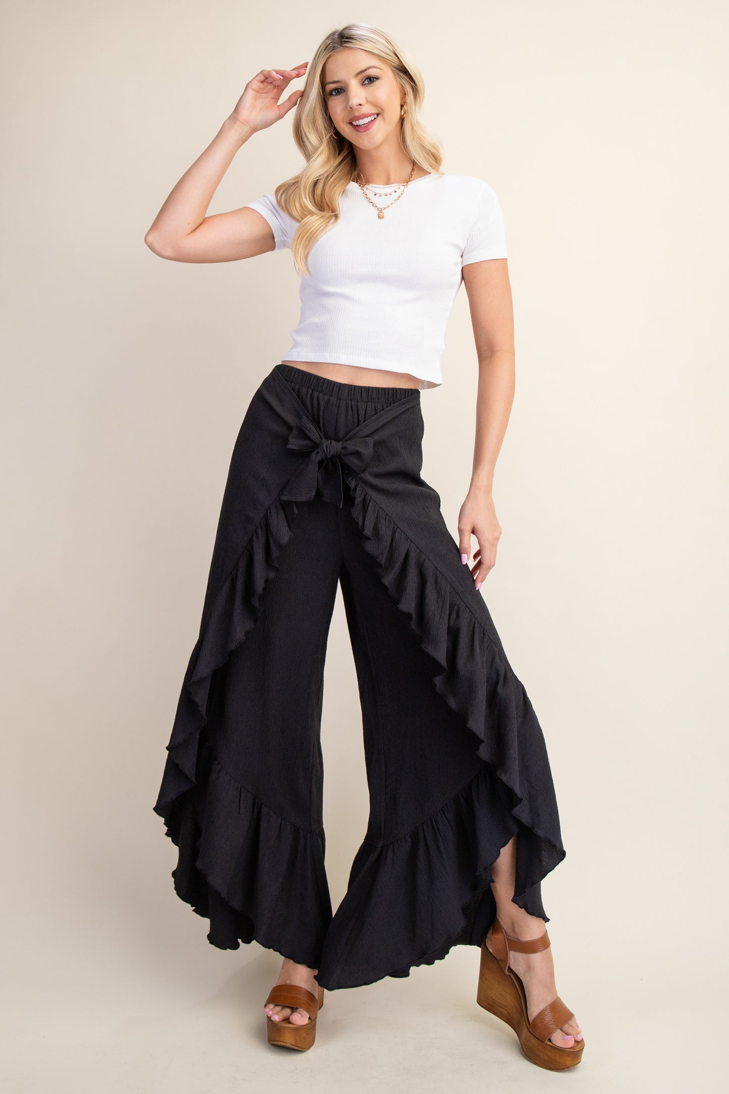 Shirred Hem Tie Front Wide Leg Flowy Pants TA2431