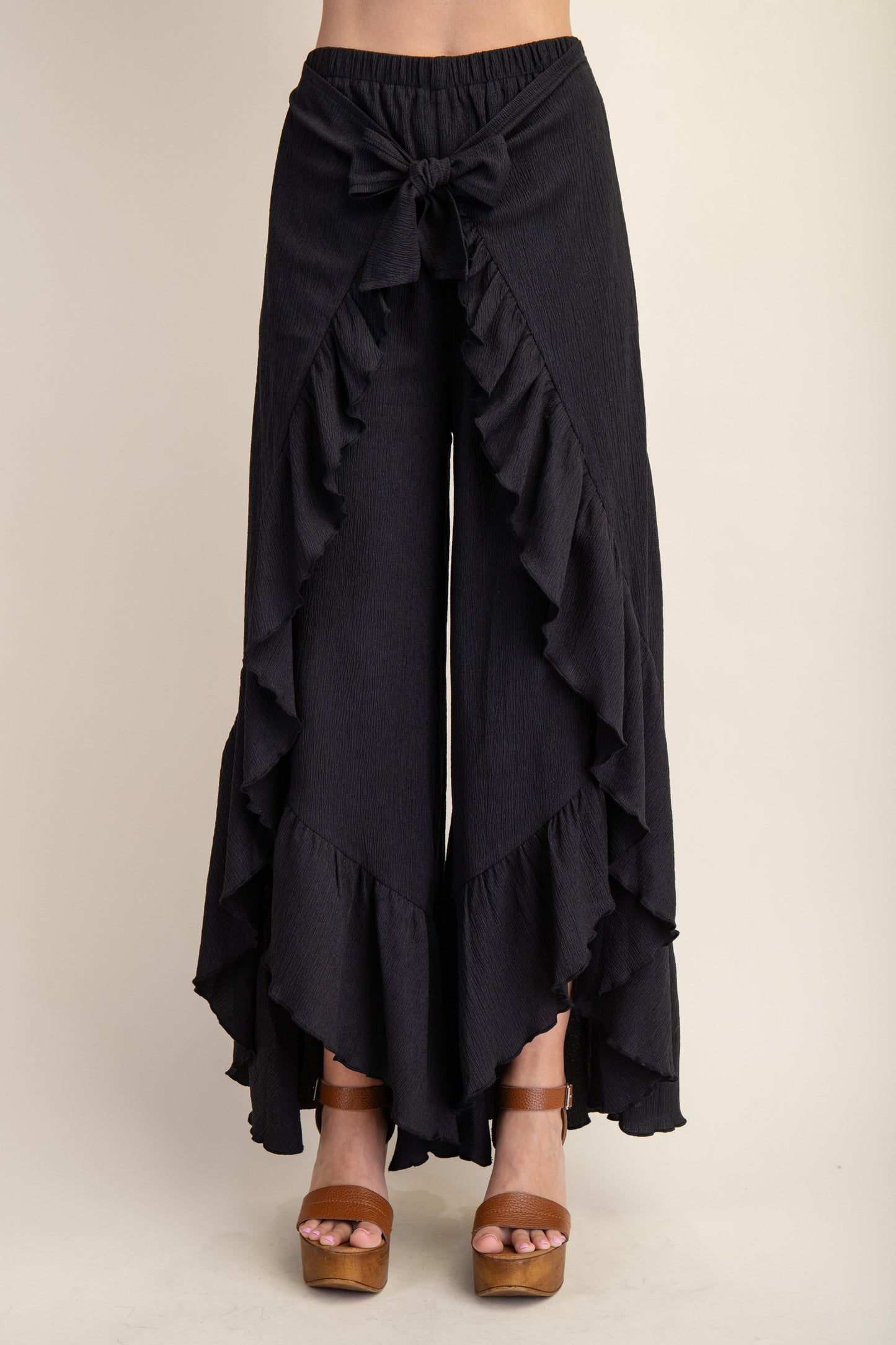 Shirred Hem Tie Front Wide Leg Flowy Pants TA2431