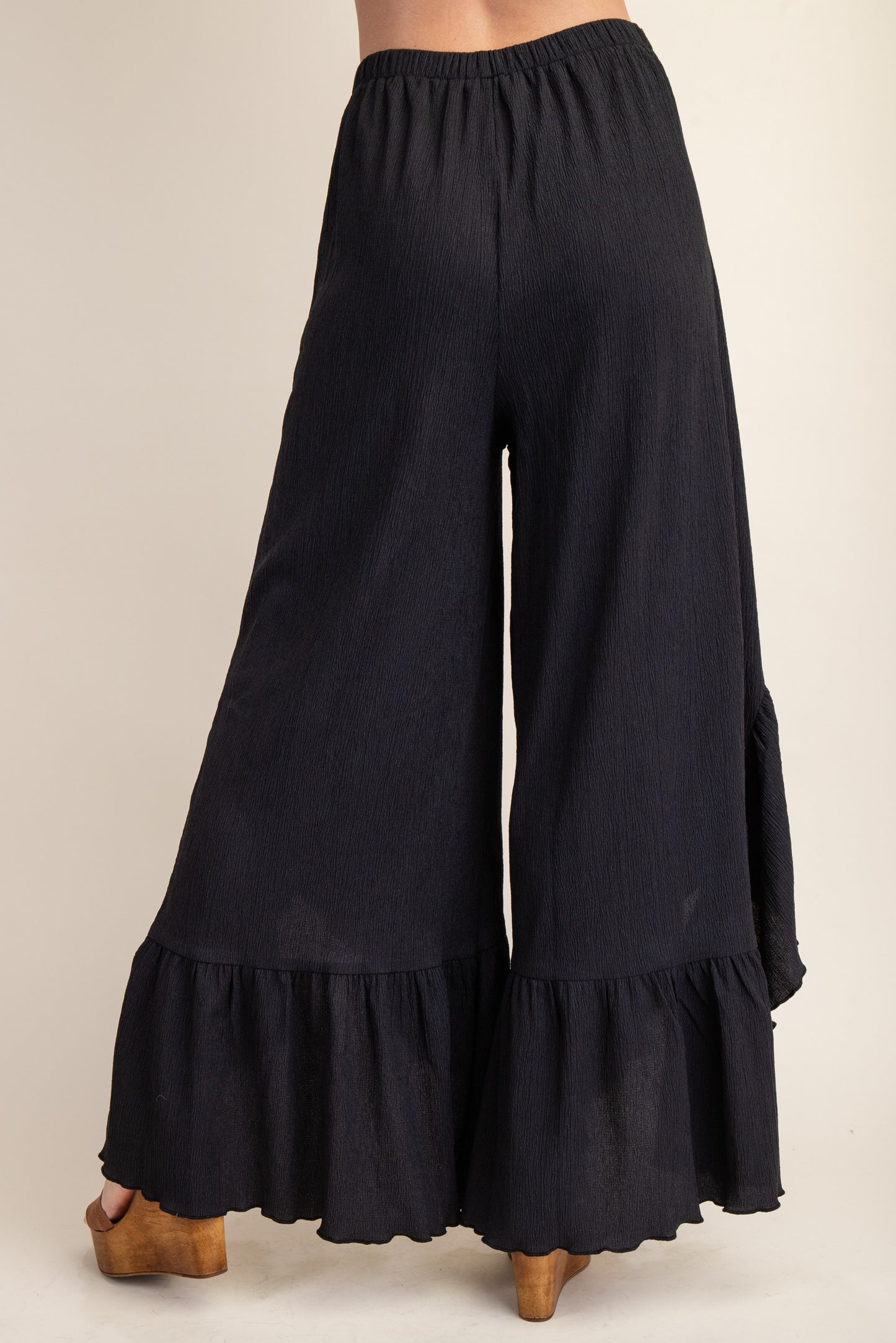 Shirred Hem Tie Front Wide Leg Flowy Pants TA2431
