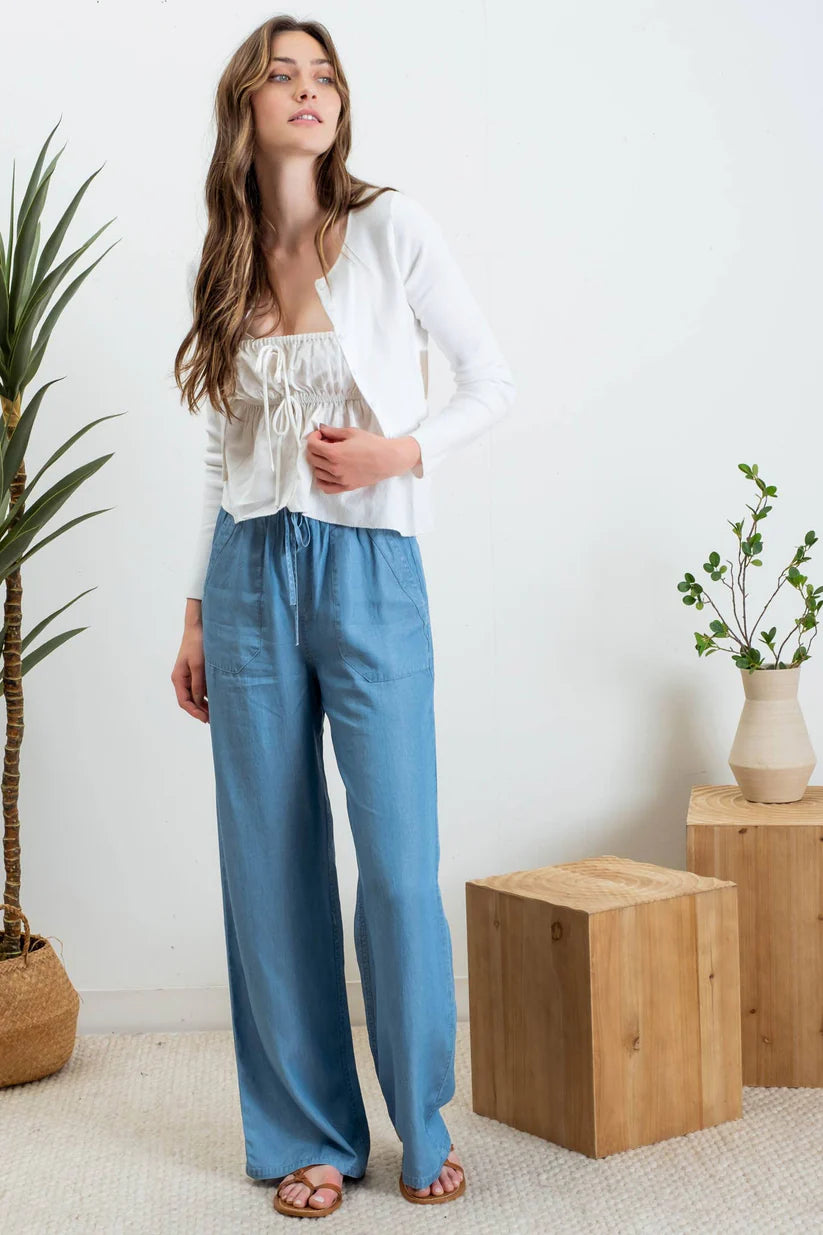 Chambray High Waist Drawstring Pants TB8712
