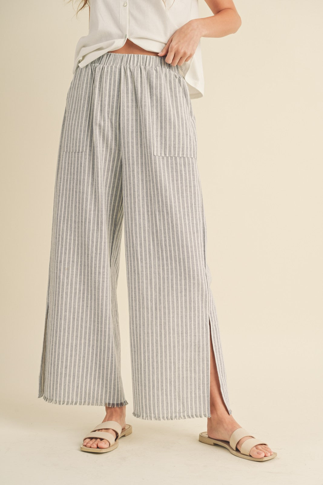 Striped Linen Pants With Raw Edge Detail WL23-8160