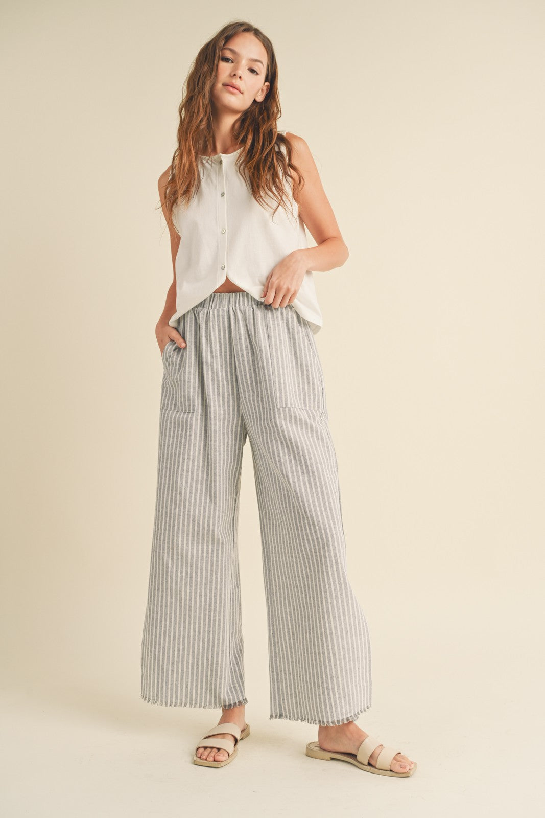 Striped Linen Pants With Raw Edge Detail WL23-8160
