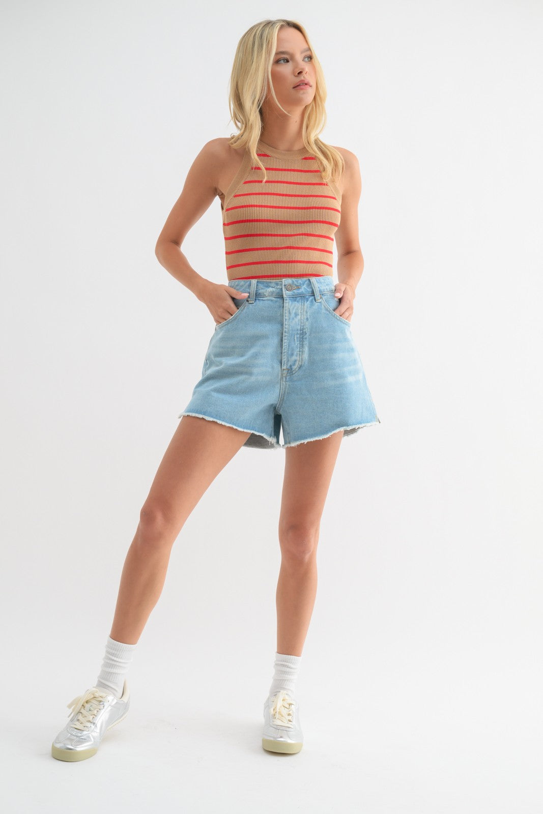 Cotton Denim Shorts With Distressed Detail WL23-8298