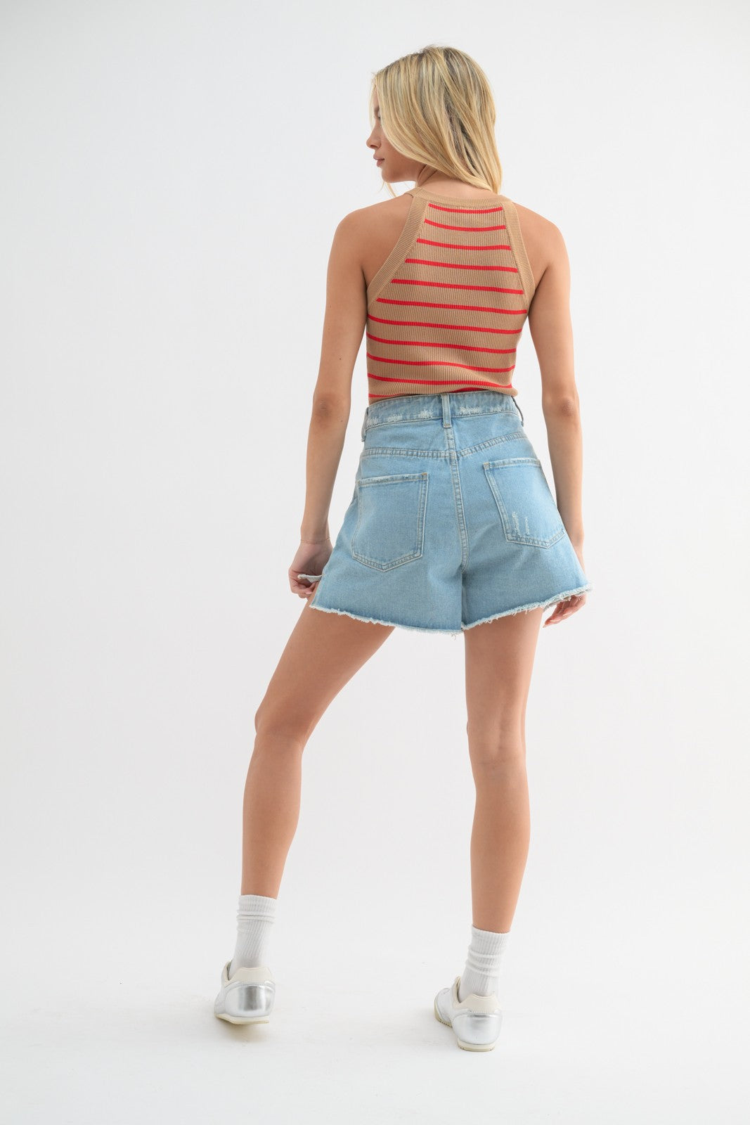 Cotton Denim Shorts With Distressed Detail WL23-8298