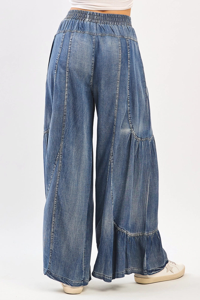 Washed Chambray Tier Detail Wide Leg Pants S70636